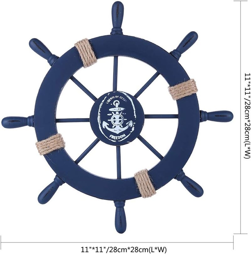 Rienar Rienar Nautical Beach Wooden Boat Ship Steering Wheel Fishing Net Shell Home Wall Decor Deep Blue - Image 2