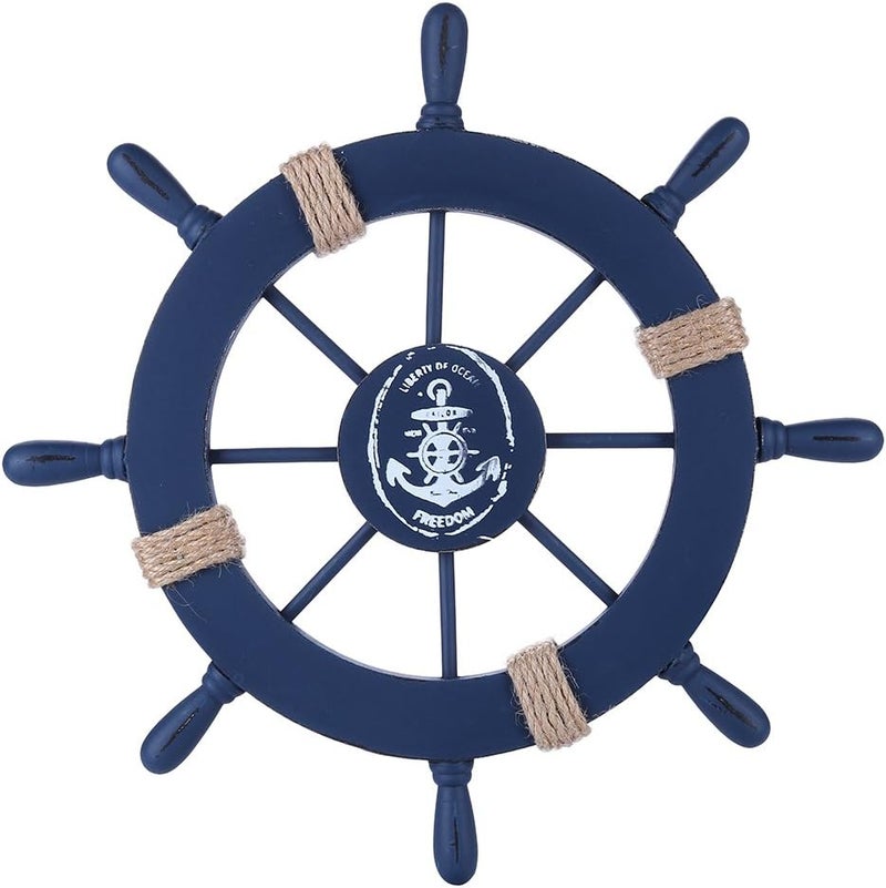 Rienar Rienar Nautical Beach Wooden Boat Ship Steering Wheel Fishing Net Shell Home Wall Decor Deep Blue - Image 1