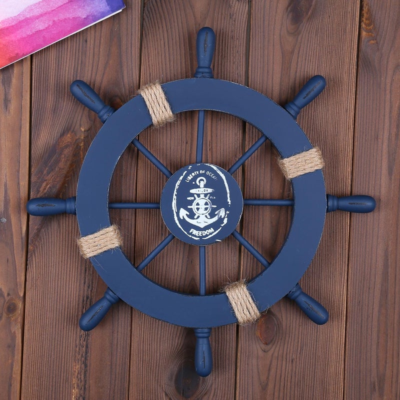 Rienar Rienar Nautical Beach Wooden Boat Ship Steering Wheel Fishing Net Shell Home Wall Decor Deep Blue - Image 4