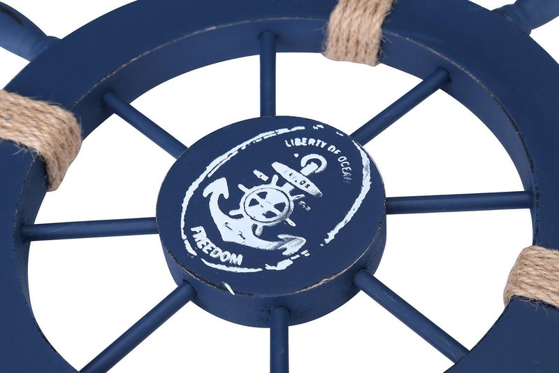 Rienar Rienar Nautical Beach Wooden Boat Ship Steering Wheel Fishing Net Shell Home Wall Decor Deep Blue - Image 3