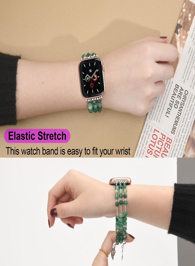 AWSMORE Beaded Watch Band Compatible with Apple Watch Bands for Women 40mm 38mm 41mm, Handmade Elastic Stretch Strap for iWatch Bands Series 10 9 8 7 6 5 4 3 2 1 SE(Green Agate) - Image 2