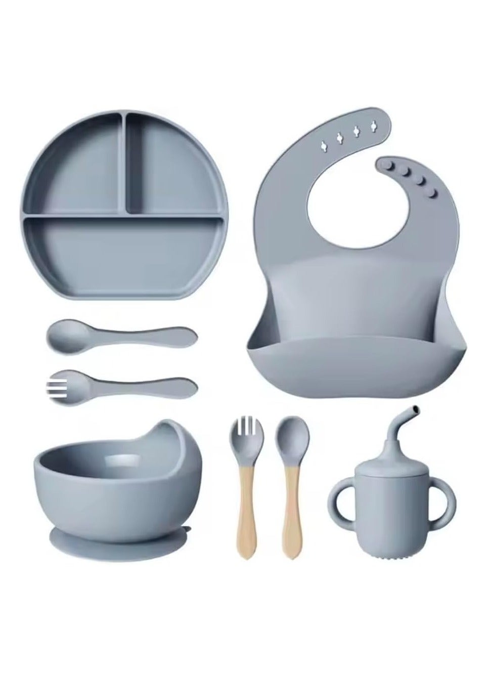 BABYTOT 8-Pieces Baby Feeding Set – Toddler Divider Suction Plate & Bowl, Adjustable Soft Silicone Bib, Cup & Cutlery (Multicolor) | Eco-Friendly and BPA-Free Tableware Set (Blue)