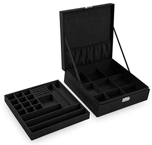 Sodynee Two-Layer Lint Jewelry Box Organizer Display Storage Case with Lock, Black - Image 3