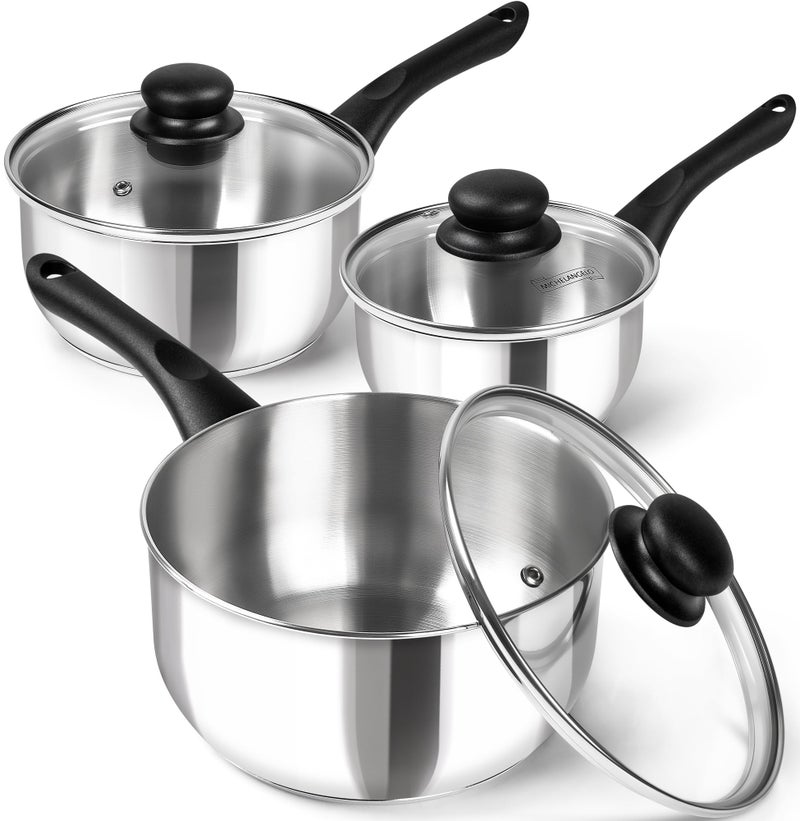 MICHELANGELO Stainless Steel Saucepan with Lid 6pcs, Triply Base Stainless Steel Pot Set, Saucepan Set with Bakelite Handle - 1QT & 2QT & 3QT - Image 1