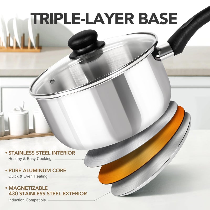 MICHELANGELO Stainless Steel Saucepan with Lid 6pcs, Triply Base Stainless Steel Pot Set, Saucepan Set with Bakelite Handle - 1QT & 2QT & 3QT - Image 2