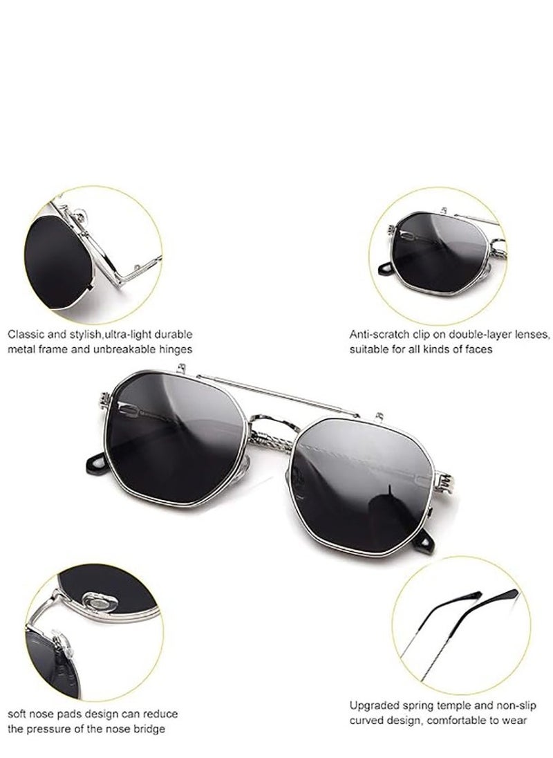 Fashion Polarized Sunglasses, Flip Up Sunglasses, Shades UV Protection Sun Glasses, Men Women Polarized Steampunk Flip Sunglasses with Double Lenses - Image 2