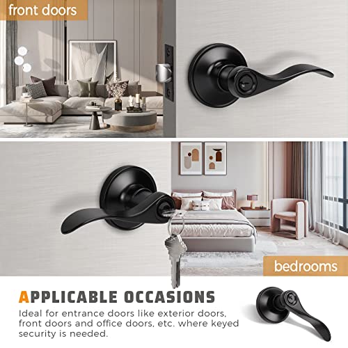 KNOBWELL 1 Pack Wave Style Door Lever Keyed Entry Door Lock Black Door Handles Leverset for Exterior/Interior Doors Matte Black, Reversible for Left/Right Handed - Image 3