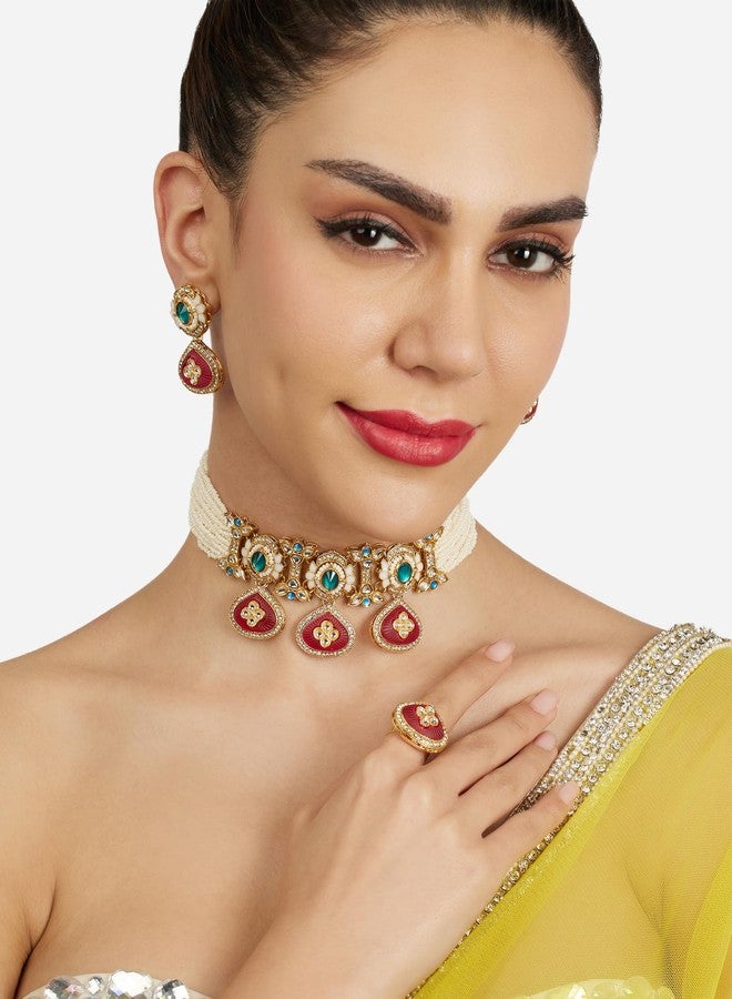Zaveri Pearls طقم عقد وأقراط وخاتم من الخرز متعدد الألوان مرصع بأحجار زافيري بيرلز وألماس نمساوي للنساء - ZPFK21790 - Image 2