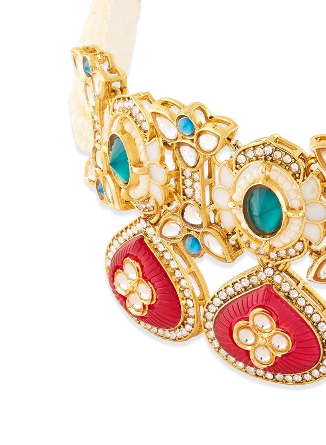 Zaveri Pearls طقم عقد وأقراط وخاتم من الخرز متعدد الألوان مرصع بأحجار زافيري بيرلز وألماس نمساوي للنساء - ZPFK21790 - Image 5