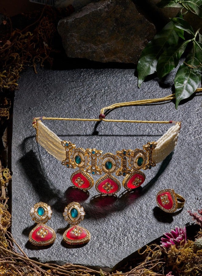 Zaveri Pearls طقم عقد وأقراط وخاتم من الخرز متعدد الألوان مرصع بأحجار زافيري بيرلز وألماس نمساوي للنساء - ZPFK21790 - Image 3