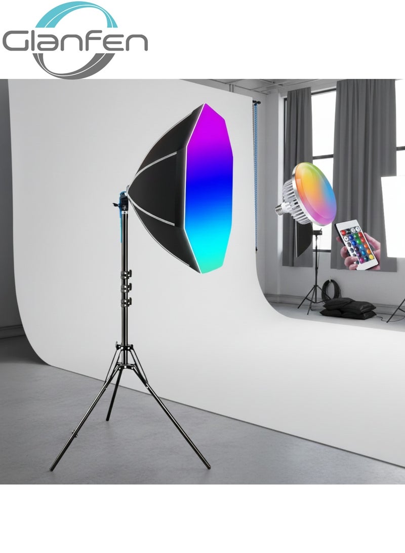غرانفين مجموعة إضاءة تصوير صغيرة محمولة، مصابيح RGB بقوة 150 وات مع جهاز تحكم عن بعد، وصناديق إضاءة ثمانية الأضلاع مقاس 50 سم وحامل لتسجيل الفيديو وتصوير المنتجات الصغيرة - Image 1