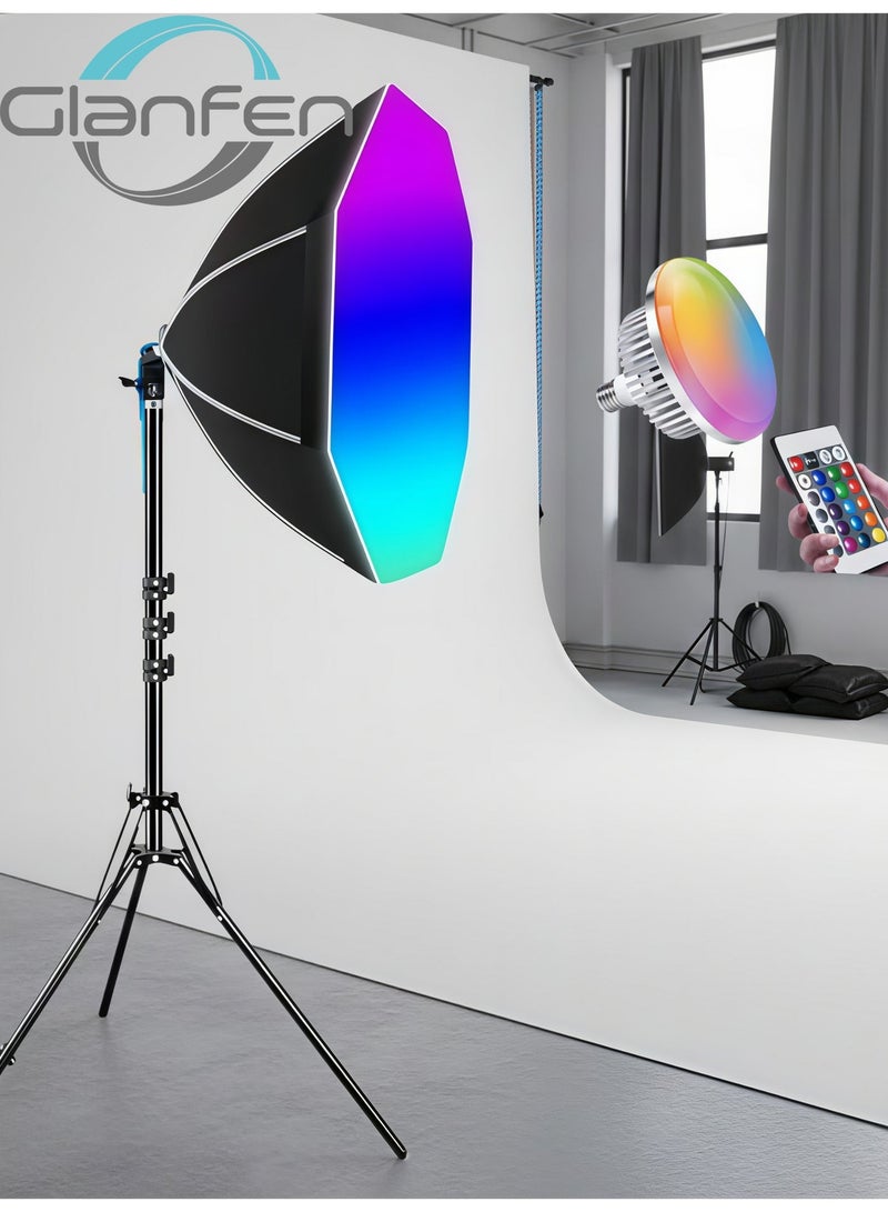 غرانفين طقم إضاءة تصوير فوتوغرافي RGB من مع لمبة LED بقوة 150 واط وريموت كنترول - سوفت بوكس ثماني الأضلاع 40 سم وحامل قابل للتعديل 1.5 متر لتصوير الفيديو، يوتيوب، تيك توك والبث المباشر - Image 1