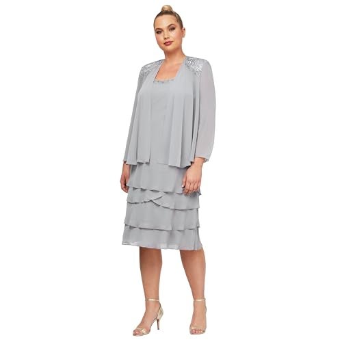 S.L. Fashions فستان س.ل. فاشنز للنساء بلس مع جاكيت متعدد الطبقات للأم العروس مع تزيين الكتف، خرسانية، 22 - Image 1