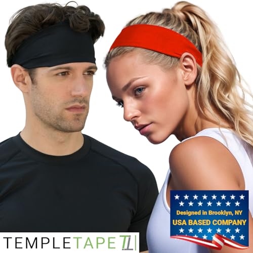 Temple Tape, Value 2-Pack, Mens Headband - Guys Sports Headbands Moisture Wicking Workout Sweatbands for Running, Cross Training, Skiing and Bike Helmet Friendly - 1-Black & 1-Red Sweatband - Image 3
