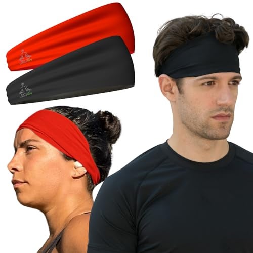 Temple Tape, Value 2-Pack, Mens Headband - Guys Sports Headbands Moisture Wicking Workout Sweatbands for Running, Cross Training, Skiing and Bike Helmet Friendly - 1-Black & 1-Red Sweatband - Image 1