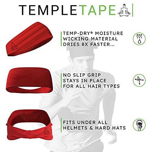 Temple Tape, Value 2-Pack, Mens Headband - Guys Sports Headbands Moisture Wicking Workout Sweatbands for Running, Cross Training, Skiing and Bike Helmet Friendly - 1-Black & 1-Red Sweatband - Image 5
