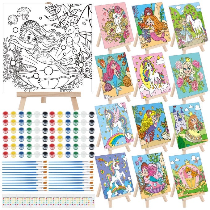 12 SETS PRE DRAWN CANVAS TO PAINT ADULT STRETCHED COLORING PAINTING CANVAS PANELS WITH DESIGN EASEL AND BRUSHES FOR PARTY SUPPLIES BEGINNER FAVORUNICORN