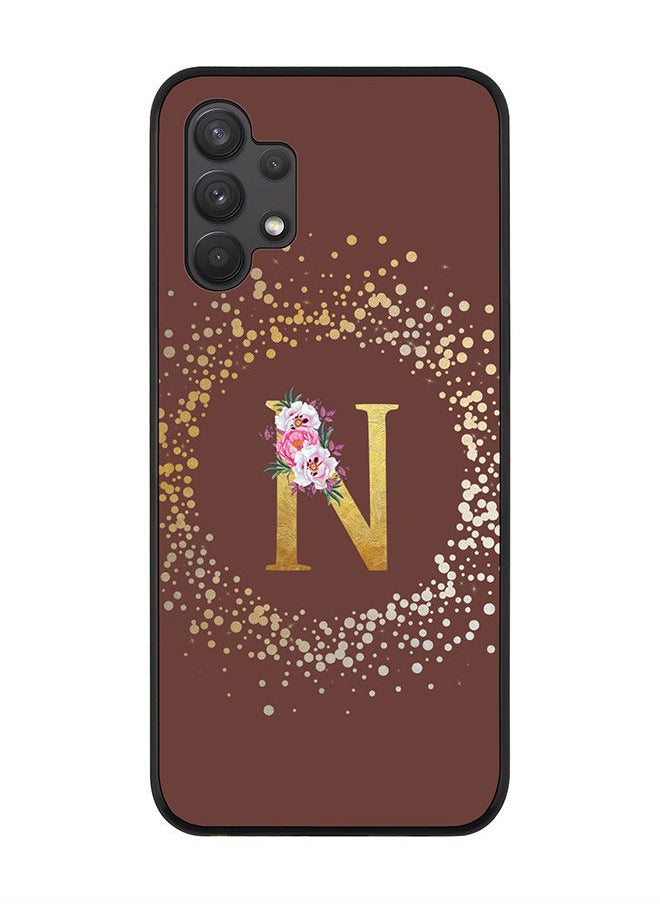 Stylizedd Rugged Black edge case for Samsung Galaxy A32 (LTE/4G) Slim fit Soft Case Flexible Rubber Edges Anti Drop TPU Gel Thin Cover - Custom Monogram Initial Letter Floral Pattern Alphabet - N (Brown )  - Image 1