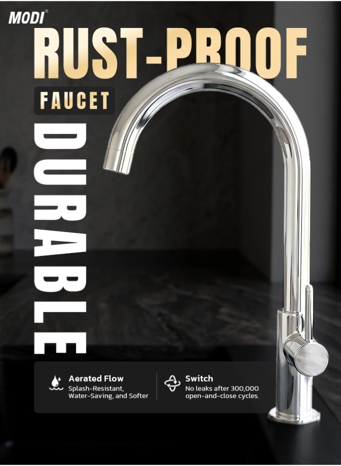 MODI Chrome Kitchen Sink Mixer Tap, Gooseneck Single Handle Faucet, Water Saving Aerated Flow, Rust Resistant Deck Mounted Kitchen Basin Tap For Home, Pantry - Image 3