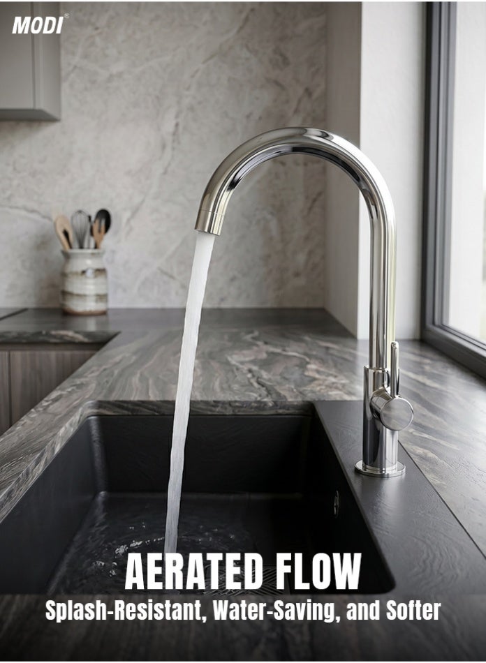MODI Chrome Kitchen Sink Mixer Tap, Gooseneck Single Handle Faucet, Water Saving Aerated Flow, Rust Resistant Deck Mounted Kitchen Basin Tap For Home, Pantry - Image 4