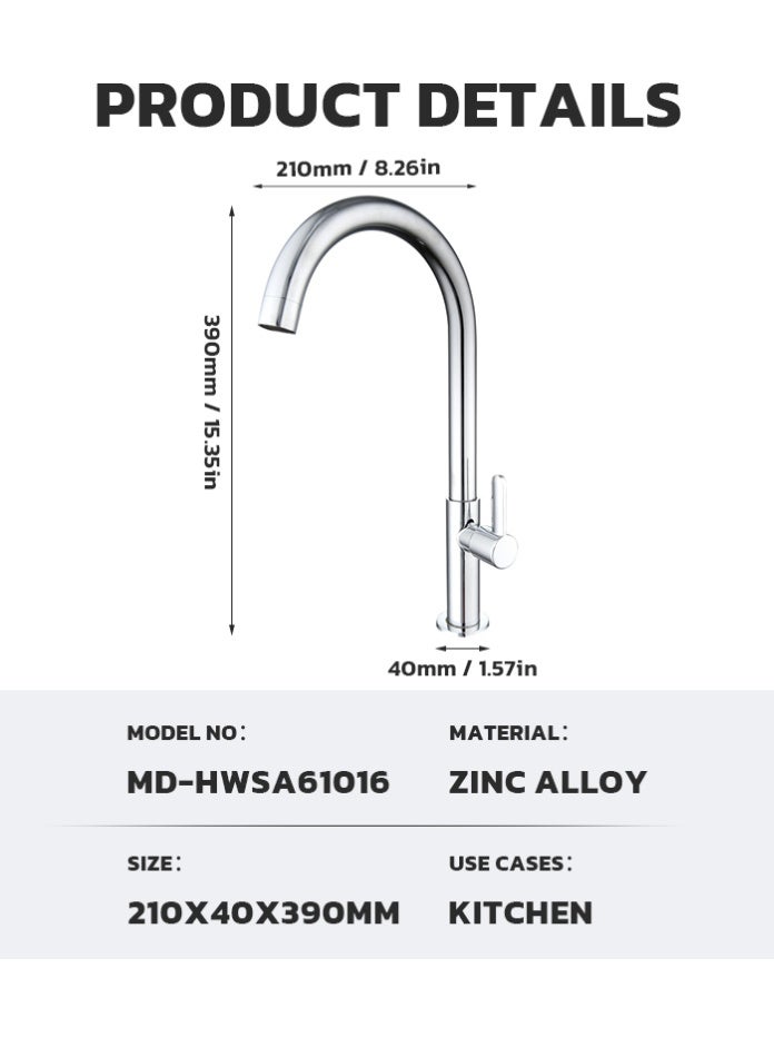 MODI Chrome Kitchen Sink Mixer Tap, Gooseneck Single Handle Faucet, Water Saving Aerated Flow, Rust Resistant Deck Mounted Kitchen Basin Tap For Home, Pantry - Image 2