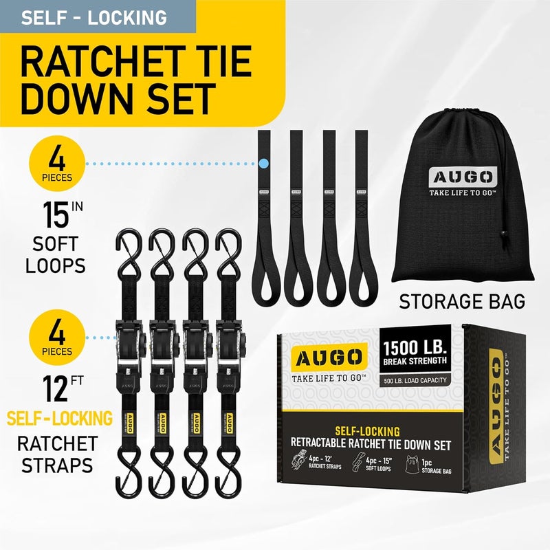 AUGO Self-Locking Retractable Ratchet Straps | 4 Heavy Duty Self-Tensioning Retractable Tie Down Straps with Soft Loops & Storage Bag | for Motorcycle, Truck, Cargo | 1500Lb Break Strength 1” x 12’ - Image 4