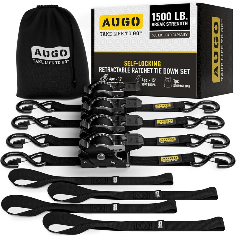 AUGO Self-Locking Retractable Ratchet Straps | 4 Heavy Duty Self-Tensioning Retractable Tie Down Straps with Soft Loops & Storage Bag | for Motorcycle, Truck, Cargo | 1500Lb Break Strength 1” x 12’ - Image 1