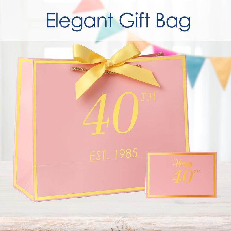 Momoake 40Th Birthday Gift Bag With Card And Tissue Paper For Women/Her  1985 40 Year Old 13"" Elegant Pink Gold Anniversary Keepsake Party Present Shopping Paper Bags For 40Th Birthday Decorations - Image 2
