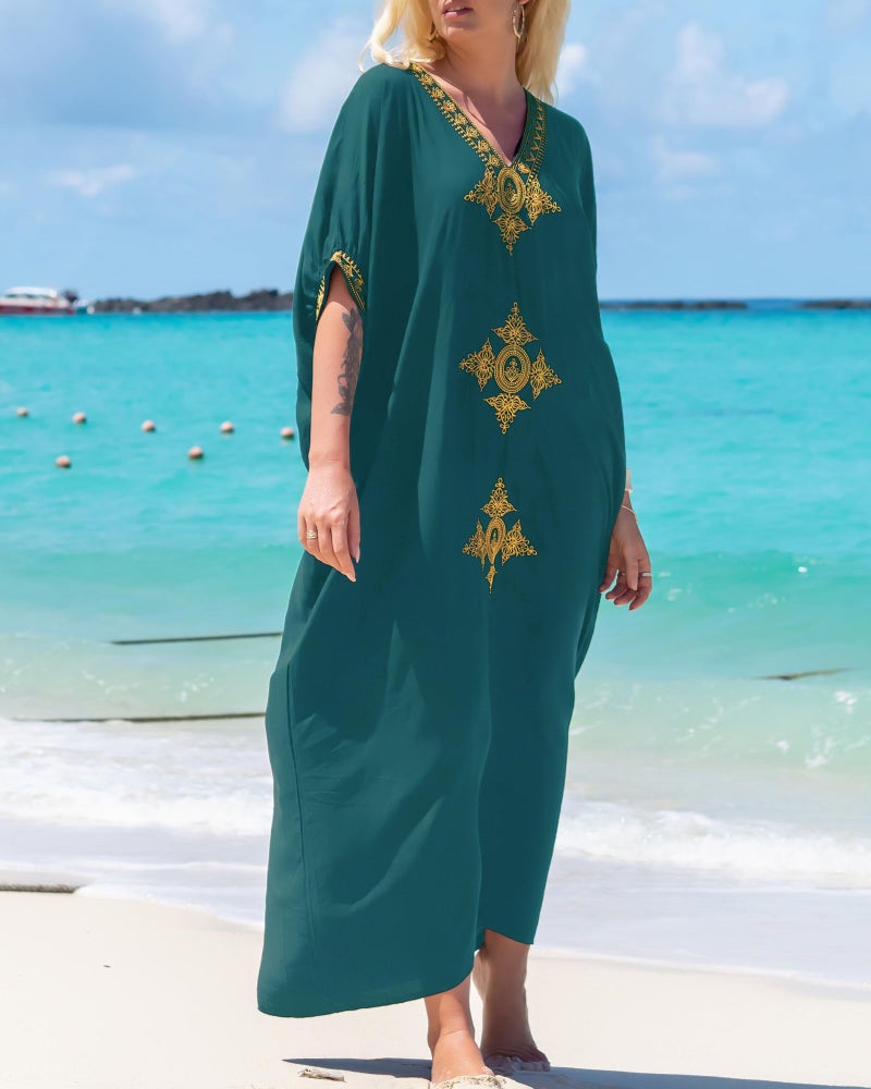 Bsubseach Gold Embroidery Long Kaftan Dresses V Neck Caftan Dress Beach Cover Ups for Women Peacock Green - Image 4