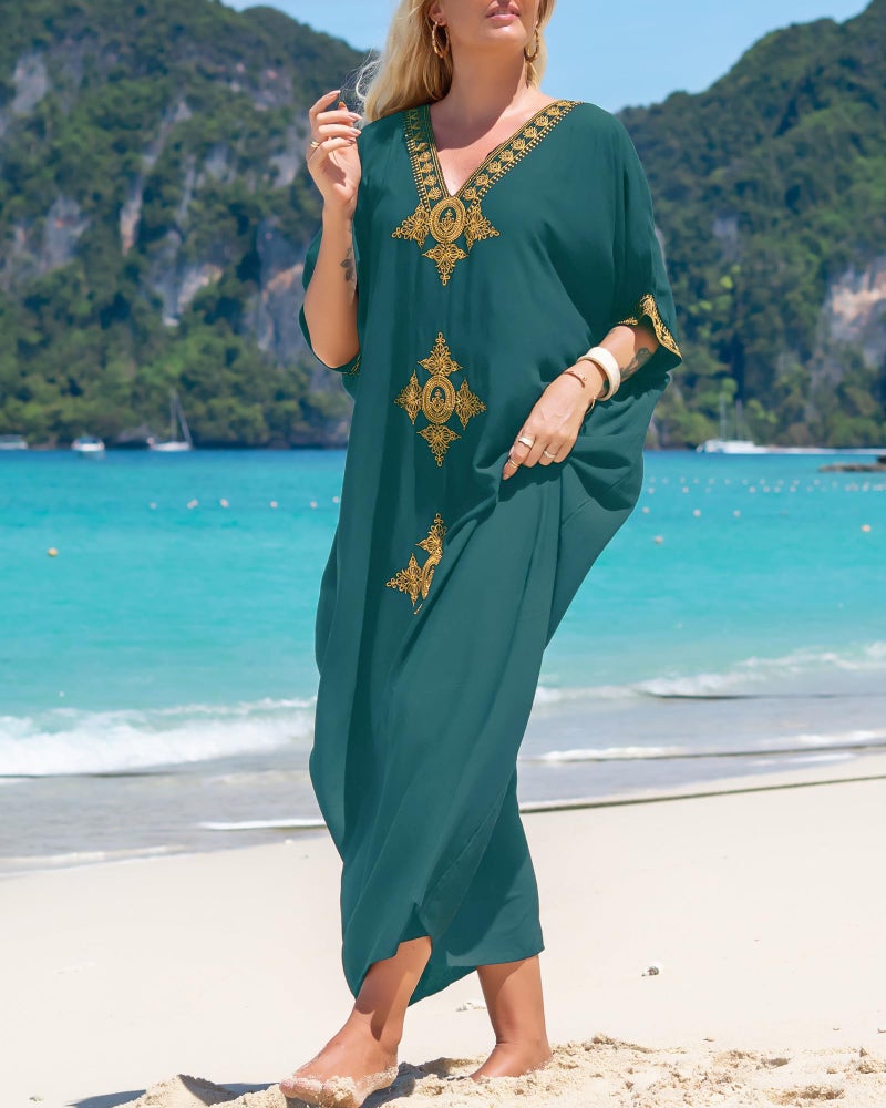 Bsubseach Gold Embroidery Long Kaftan Dresses V Neck Caftan Dress Beach Cover Ups for Women Peacock Green - Image 3