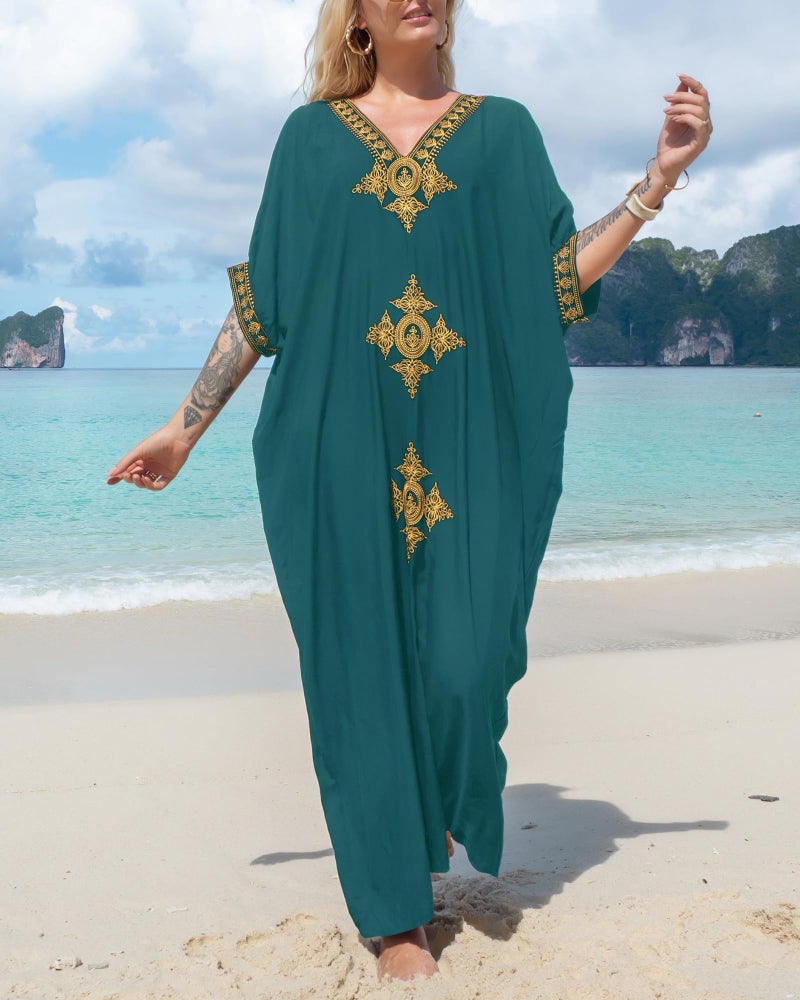 Bsubseach Gold Embroidery Long Kaftan Dresses V Neck Caftan Dress Beach Cover Ups for Women Peacock Green - Image 2