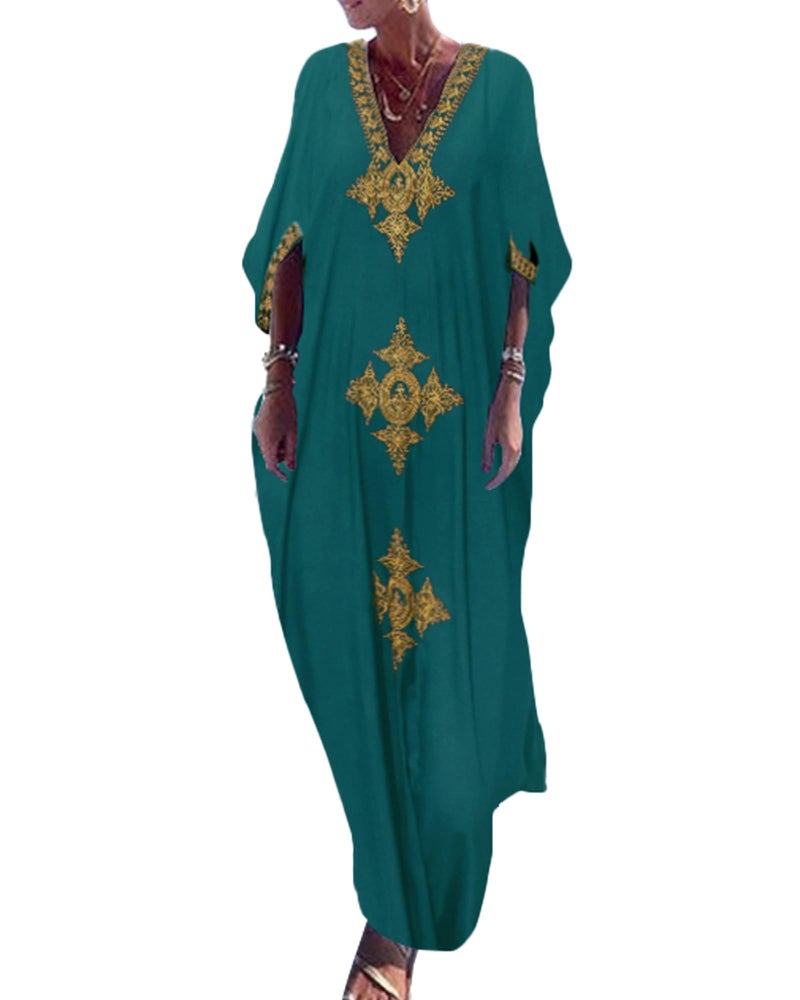 Bsubseach Gold Embroidery Long Kaftan Dresses V Neck Caftan Dress Beach Cover Ups for Women Peacock Green - Image 1