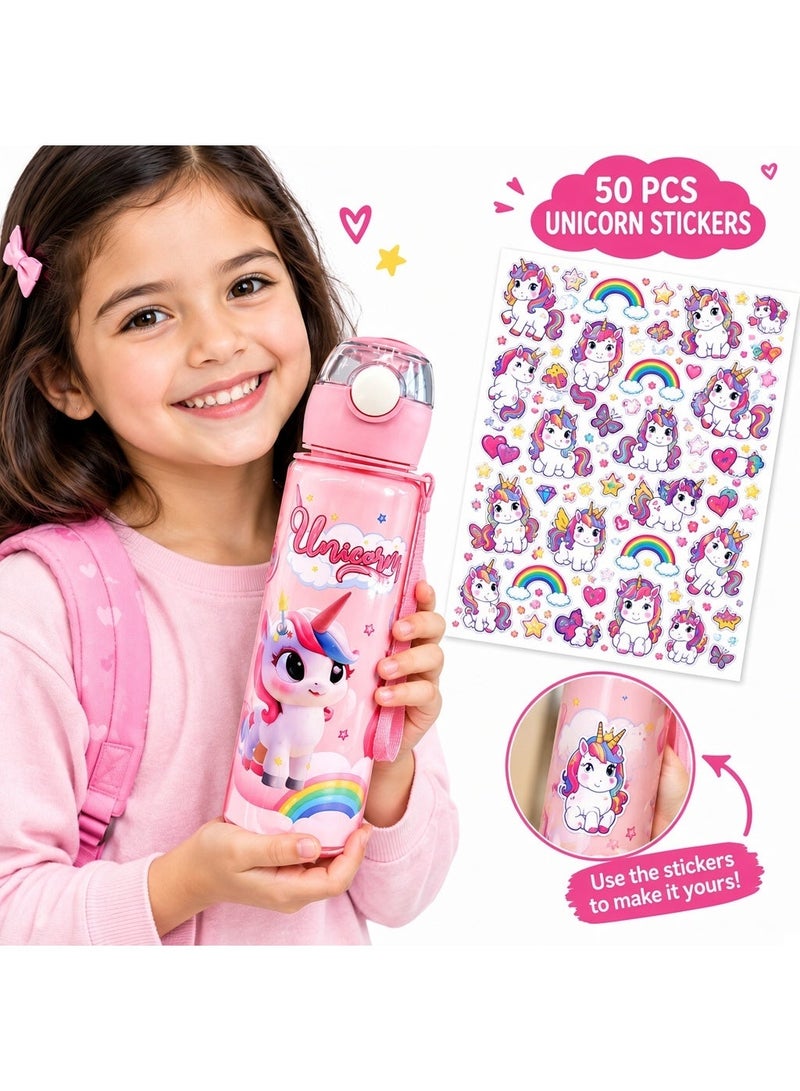 UNICORN - 750ML Cute  Pattern Water Bottle with free 50pcs stickers for School Kids with Straw & Handle – Portable Leakproof Durable Large Capacity Drinking Cup for Outdoor Sports, Travel & Daily Use Gift - Image 1
