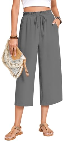 Anyhold Womens Capri Pants Loose High Waisted Wide Leg Lounge Pants Drawstring Casual Palazzo Trousers with Pockets Medium, Ash Gray - Image 3