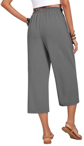 Anyhold Womens Capri Pants Loose High Waisted Wide Leg Lounge Pants Drawstring Casual Palazzo Trousers with Pockets Medium, Ash Gray - Image 4