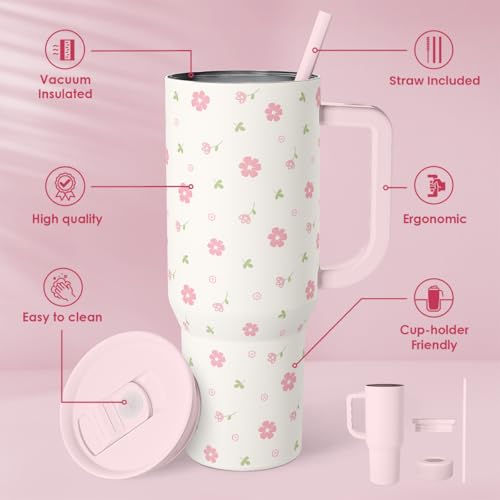 SANDJEST Floral 40oz Tumbler with Handle and Straw – Flowers Insulated Stainless Steel Travel Coffee Mug for Women Girls - Gift Idea for Birthday Christmas Mothers Day - Image 2