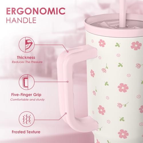 SANDJEST Floral 40oz Tumbler with Handle and Straw – Flowers Insulated Stainless Steel Travel Coffee Mug for Women Girls - Gift Idea for Birthday Christmas Mothers Day - Image 3