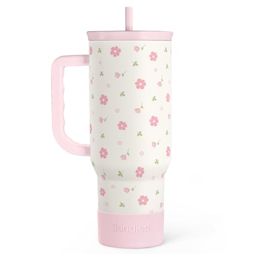 SANDJEST Floral 40oz Tumbler with Handle and Straw – Flowers Insulated Stainless Steel Travel Coffee Mug for Women Girls - Gift Idea for Birthday Christmas Mothers Day - Image 1