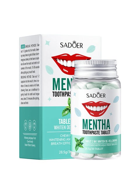 Mentha Toothpaste Tablet, 2 in 1 Toothpaste Mouthwash, Natural Teeth Whitening Remineralizing Tablets, Antiplaque Fresh Travel Toothpaste Tabs (30 Tablets)