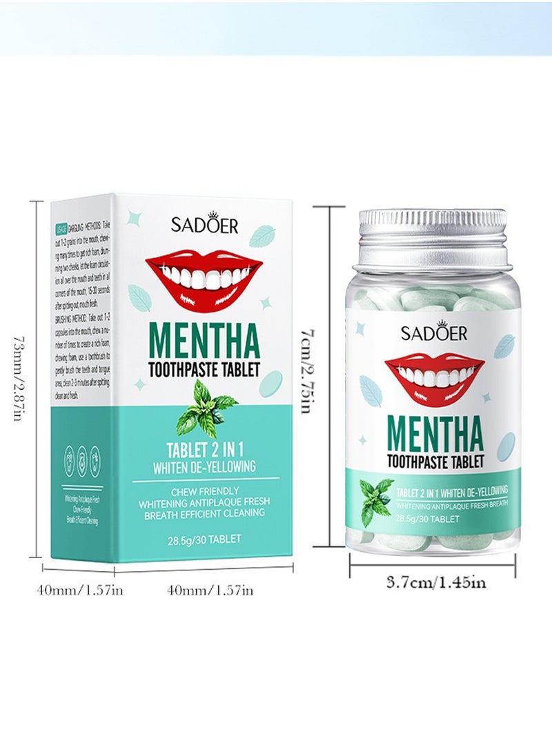SADOER - Mentha Toothpaste Tablet, 2 in 1 Toothpaste Mouthwash, Natural Teeth Whitening Remineralizing Tablets, Antiplaque Fresh Travel Toothpaste Tabs (30 Tablets) - Image 1