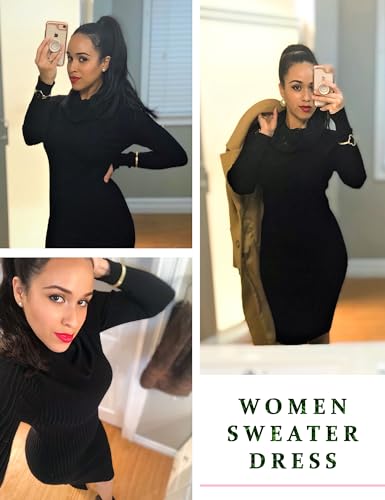 v28 Women Cowl Neck Knit Stretchable Elasticity Long Sleeve Slim Fit Sweater Dress (2-8,Black)(XS/S/M) - Image 2