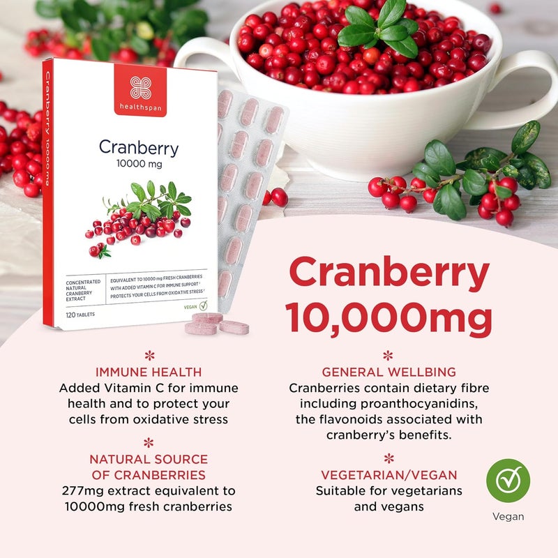 Healthspan Cranberry 10000mg 120 Tablets 10000mg Whole Cranberries Support for Your Wellbeing and Immune Health Added Vitamin C Vegan - Image 2