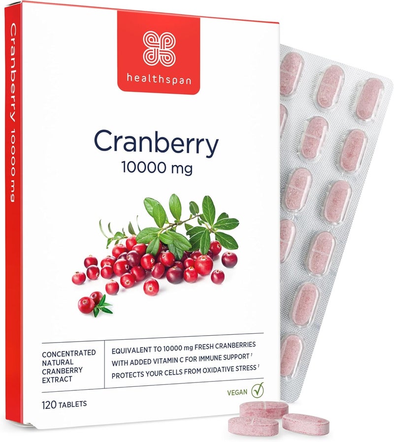 Healthspan Cranberry 10000mg 120 Tablets 10000mg Whole Cranberries Support for Your Wellbeing and Immune Health Added Vitamin C Vegan - Image 1