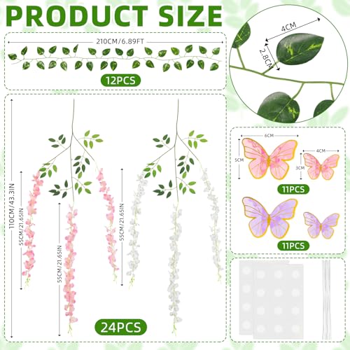 Canlierr 58 Pcs Fairy Party Garland Decoration Artificial Wisteria Hanging Flowers Garland 3.6 Feet Vine Rattan Ivy Greenery Butterfly Decor for Spring Home Garden Wedding Party(Pink, White) - Image 2