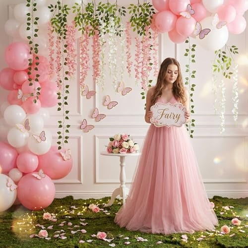 Canlierr 58 Pcs Fairy Party Garland Decoration Artificial Wisteria Hanging Flowers Garland 3.6 Feet Vine Rattan Ivy Greenery Butterfly Decor for Spring Home Garden Wedding Party(Pink, White) - Image 4