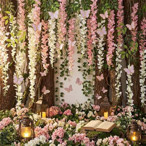 Canlierr 58 Pcs Fairy Party Garland Decoration Artificial Wisteria Hanging Flowers Garland 3.6 Feet Vine Rattan Ivy Greenery Butterfly Decor for Spring Home Garden Wedding Party(Pink, White) - Image 3