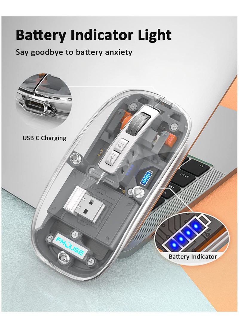 SYOSI - Wireless Bluetooth Mouse, Tri-Mode (BT1+BT2+2.4G) USB C Rechargeable Computer Mouse, Full Transparent Portable Silent Mouse with USB Receiver for Laptop (Grey) - Image 1