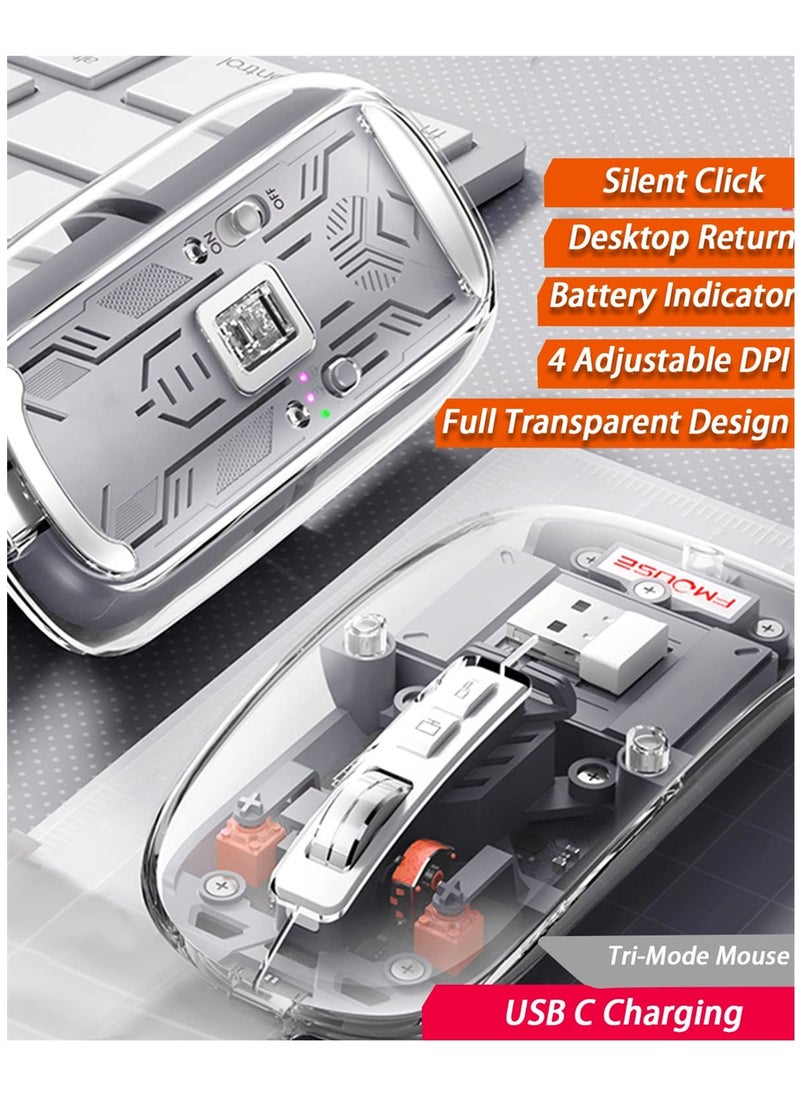 SYOSI - Wireless Bluetooth Mouse, Tri-Mode (BT1+BT2+2.4G) USB C Rechargeable Computer Mouse, Full Transparent Portable Silent Mouse with USB Receiver for Laptop (Grey) - Image 1