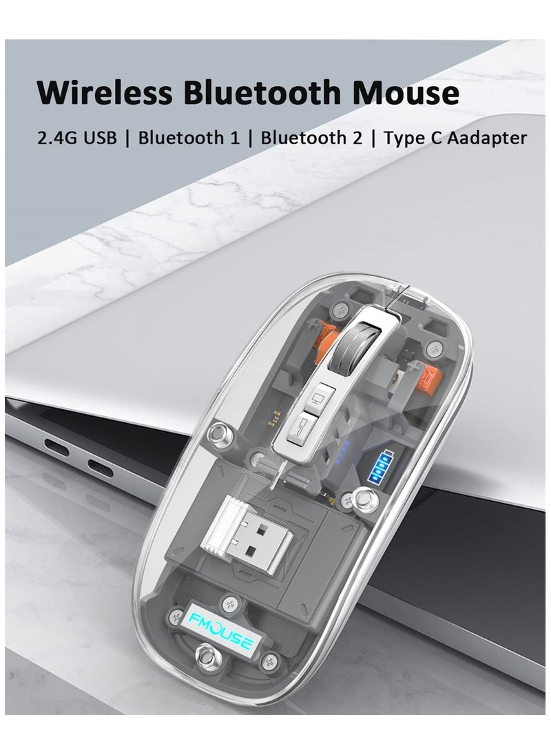 SYOSI - Wireless Bluetooth Mouse, Tri-Mode (BT1+BT2+2.4G) USB C Rechargeable Computer Mouse, Full Transparent Portable Silent Mouse with USB Receiver for Laptop (Grey) - Image 1