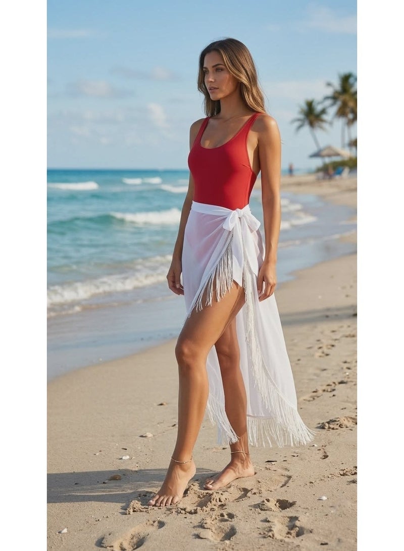 كاش مايوة من الشيفون/الدانتيل One Size لجميع المقاسات من XS الى 2XL متعدد الالوان والاشكال (ابيض شراشيب) - Image 3